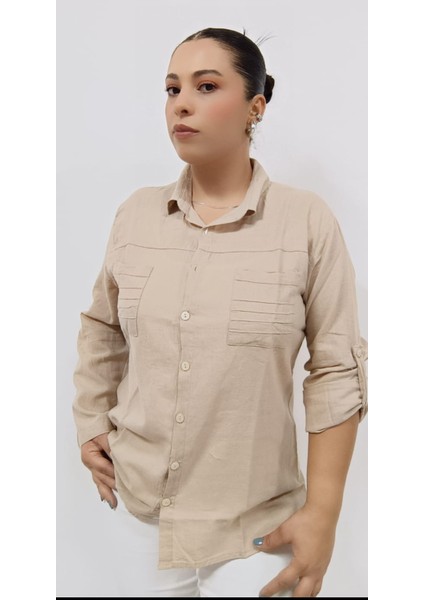 Büyük Beden Pamuk Keten Çift Cepli Yakalı Katlanabilir Kollu Gömlek fiyatları