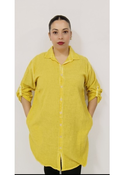 Büyük Beden Pamuk Keten Hakim Yaka Yan Cepli Yanları Yırtmaçlı Katlanabilir Kollu Tunik