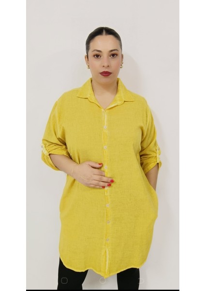 Büyük Beden Pamuk Keten Hakim Yaka Yan Cepli Yanları Yırtmaçlı Katlanabilir Kollu Tunik modelleri