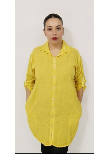 Büyük Beden Pamuk Keten Hakim Yaka Yan Cepli Yanları Yırtmaçlı Katlanabilir Kollu Tunik fırsatları
