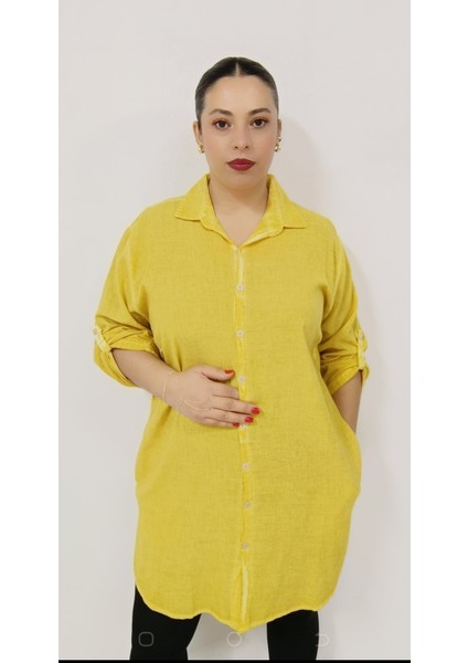 Büyük Beden Pamuk Keten Hakim Yaka Yan Cepli Yanları Yırtmaçlı Katlanabilir Kollu Tunik indirimleri