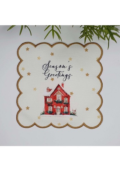 Sulu Boya Kırmızı Ev ve Slogan Tasarım Nakış Kenar Kokteyl Peçetesi 1 Adet