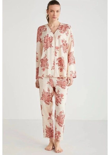 Yumuşak Dokulu V Yaka Önden Düğmeli Uzun Kol Kadın Pijama Takım 2604