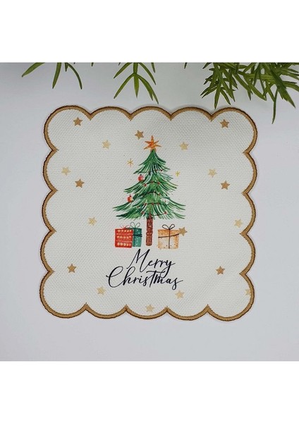 Sulu Boya Çam Ağacı ve Slogan Tasarımlı Nakış Kenar Kokteyl Peçetesi 1 Adet