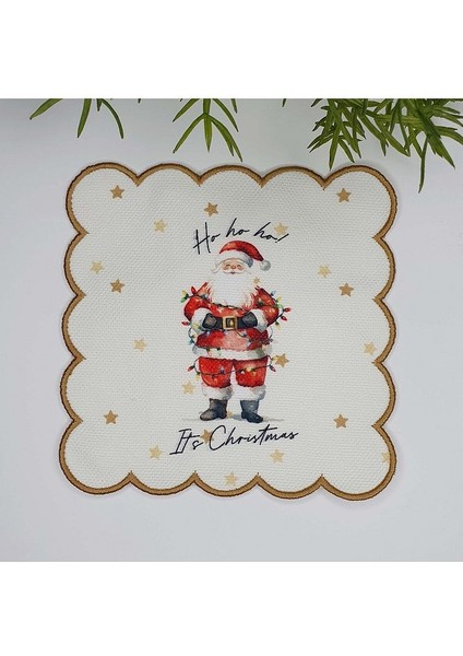 Sulu Boya Noel Baba ve Slogan Tasarımlı Nakış Kenar Kokteyl Peçetesi 1 Adet