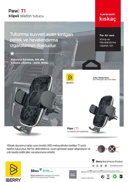 Paw T1 Metalik Klipsli Süper Adaptatif Araç Içi Telefon Tutucu