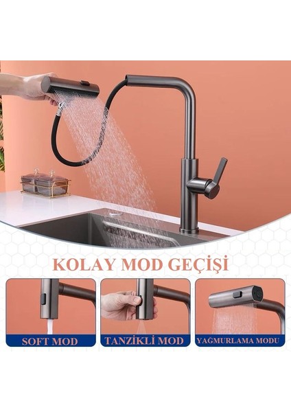 Rena Design Çok Modlu Antrasit Mutfak Evye Bataryası Spiralli Çek Bırak Başlık Yağmurlama