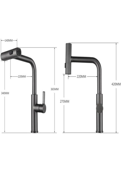 Rena Design Çok Modlu Antrasit Mutfak Evye Bataryası Spiralli Çek Bırak Başlık Yağmurlama