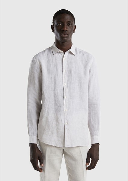 Erkek Açık Gri Oversize Fit Dokuma Gabardin Kumaş Gömlek