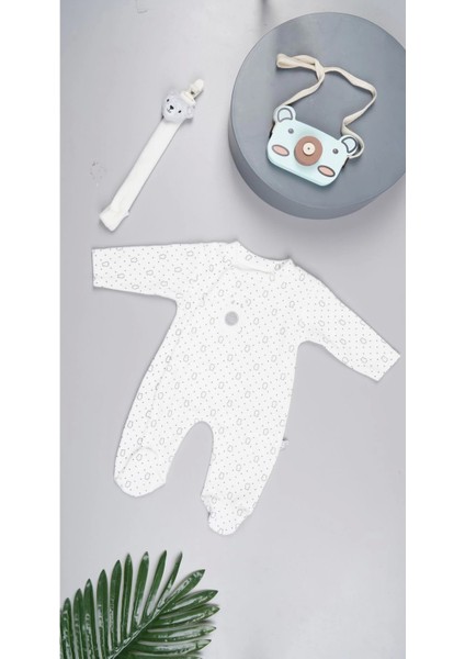 Kadife Ayıcık Desenli Ayaklı Tulum Ekru (3-9 Ay)