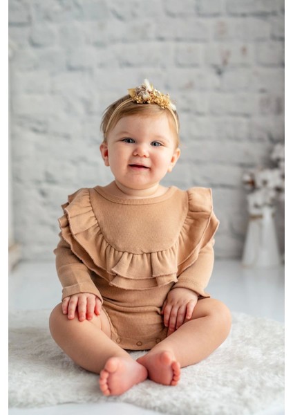 Bej Yakası Fırfırlı %100 Organik Gots Pamuk Body (0-4 Yaş