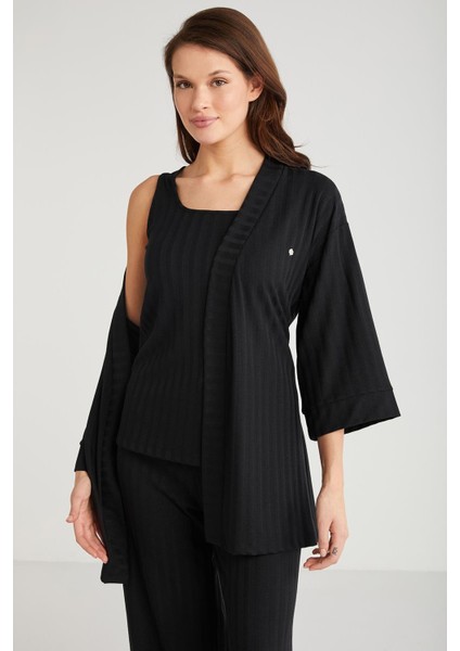 Yumuşak Dokulu Sabahlıklı Üçlü Kadın Pijama Takım 9712 fiyatları