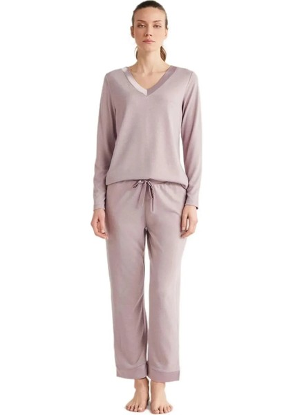 Yumuşak Dokulu V Yaka Uzun Kol Kadın Pijama Takım 2433