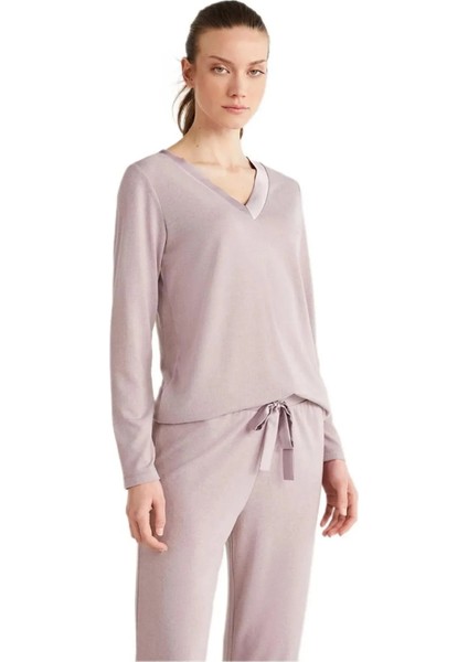 Yumuşak Dokulu V Yaka Uzun Kol Kadın Pijama Takım 2433