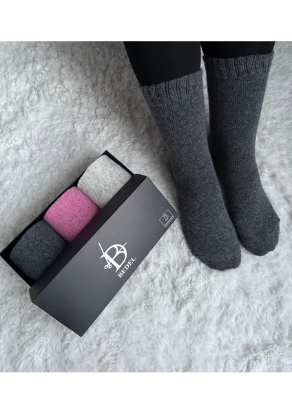 Gri, Pembe, Antrasit Uzun Kadın Kutulu 3'lü Yünlü Kışlık Soket Çorap