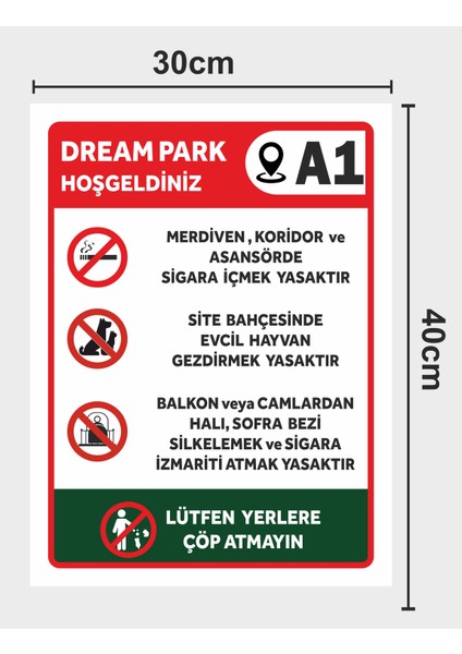 Ortak Alan Site Apartman Kuralları (Özelleştirebilinir) Tabela Levha 30X40CM Pvc
