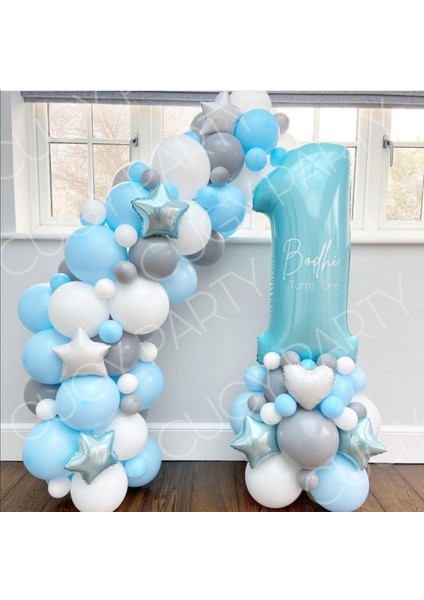 Retro Mavi Gri Beyaz Doğum Günü Süsü 1 Yaş Rakamlı Yaş Seçenekli Yıldız Detaylı Balon Seti