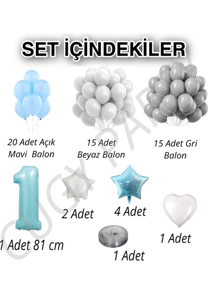 Retro Mavi Gri Beyaz Doğum Günü Süsü 1 Yaş Rakamlı Yaş Seçenekli Yıldız Detaylı Balon Seti fiyatları