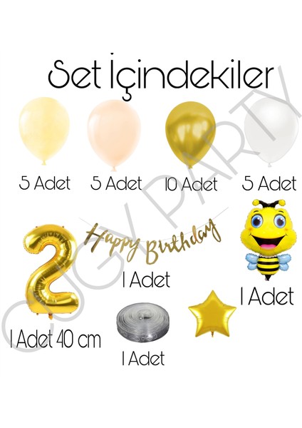 2 Yaş Rakamlı Arı Figürlü Yaş Seçenekli Doğum Günü Süsü Sarı Gold Somob Balon Zinciri Seti