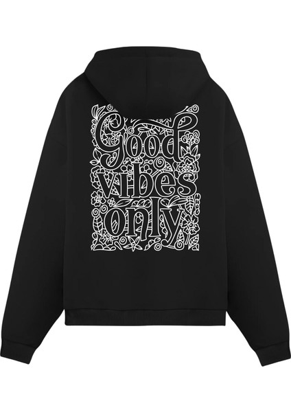 Unisex Siyah Baskılı Oversize Fit Pamuklu Kapüşonlu Sweatshirt