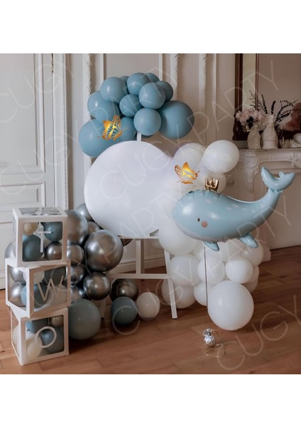 Mavi Balina Figürlü Şeffaf Kutulu Yaş Yazılı Mavi Beyaz Balon Zinciri