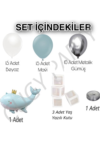 Mavi Balina Figürlü Şeffaf Kutulu Yaş Yazılı Mavi Beyaz Balon Zinciri fiyatları