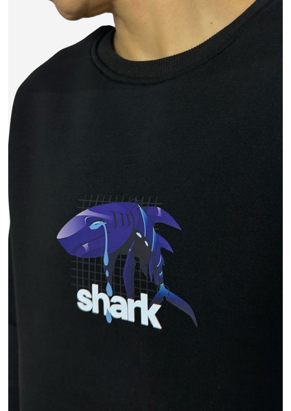 Ağlayan Shark Siyah Sıfır Yaka Tasarım Oversize Sweatshirt