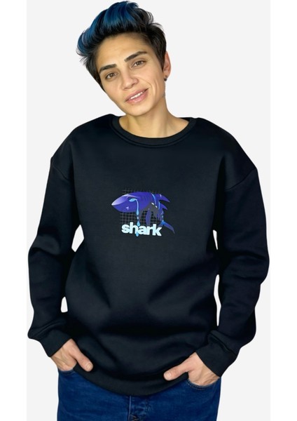 Ağlayan Shark Siyah Sıfır Yaka Tasarım Oversize Sweatshirt