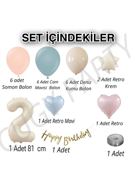 Retro Somon Deniz Kumu Mavi Renk 2 Yaş Seçenekli Yıldız Detaylı Doğum Günü Parti Kutlama Seti