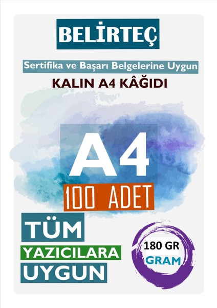 Kalın Beyaz A4 Kağıdı 180 Gram 100 Adet Sertifika