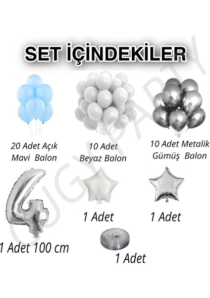 Mini Mavi Beyaz Yıldız Detaylı 4 Yaş Seçenekli Doğum Günü Parti Kutlama Seti