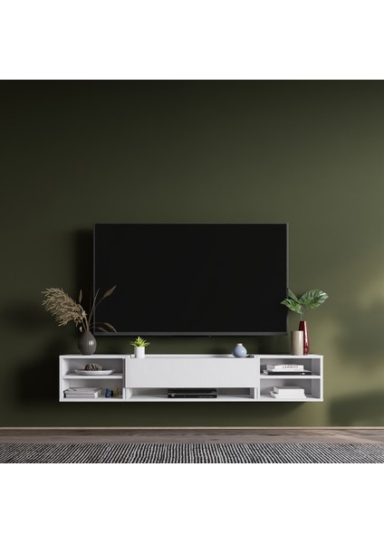 Tv Sehpa Ünitesi Beyaz Kapaklı Duvara Monte LD-1003-M4M3M4FB90