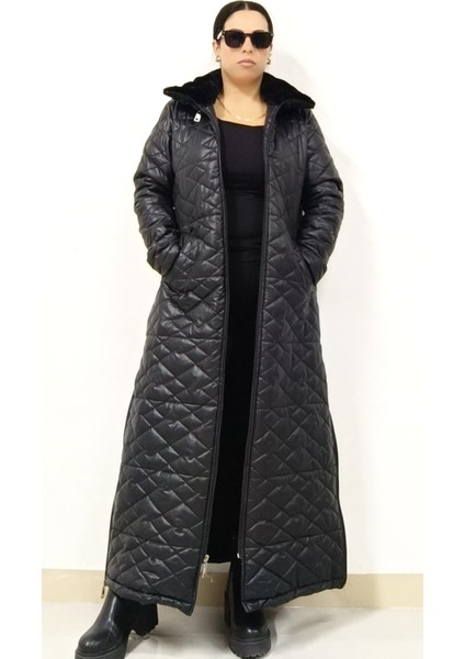 Kadın Tesettüre Uygun Içi Kürk Astarlı Çıkabilir Kapüşonlu 125 cm Tam Boy Uzun Trençkot Kaban fiyatları