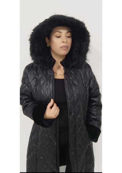 Kadın Tesettüre Uygun Içi Kürk Astarlı Çıkabilir Kapüşonlu 125 cm Tam Boy Uzun Trençkot Kaban fırsatları