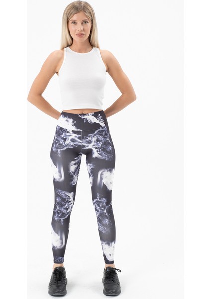 Kadın Dijital Baskılı Duman Desenli Yüksek Bel Konforlu Spor Tayt 488 Siyah