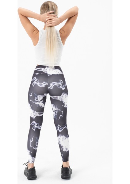 Kadın Dijital Baskılı Duman Desenli Yüksek Bel Konforlu Spor Tayt 488 Siyah fırsatları