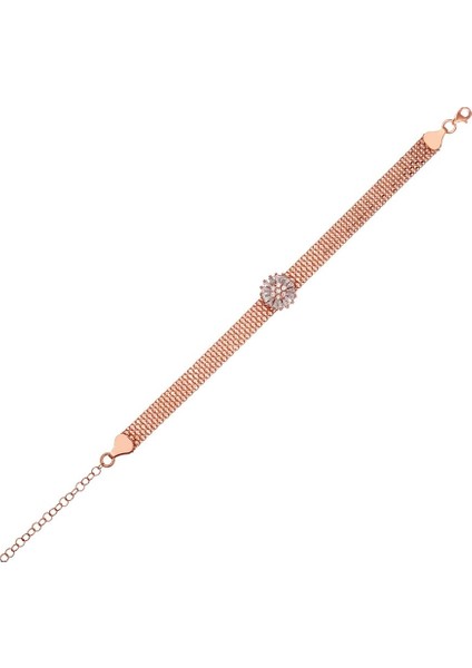 Roze Rengi Zirkon Taşlı Zincirli Kadın Gümüş Bileklik