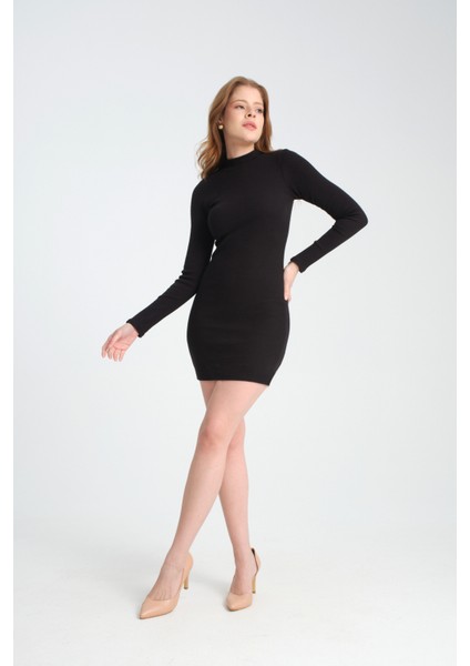 Kadın Siyah Kısa Mini Boy Fitilli Örme Basic Uzun Kollu Elbise