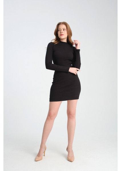 Kadın Siyah Kısa Mini Boy Fitilli Örme Basic Uzun Kollu Elbise