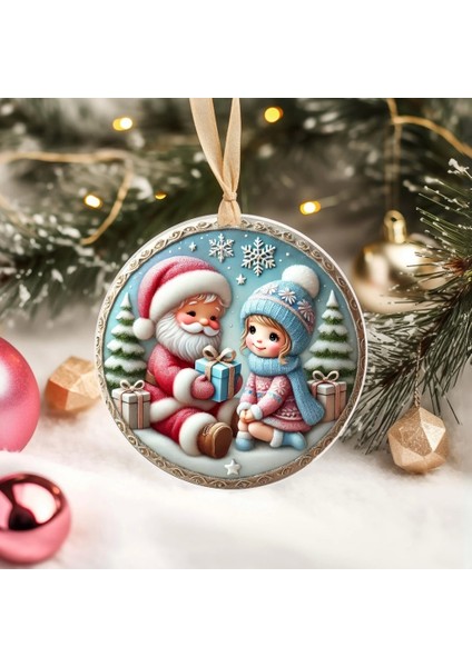 Yılbaşı Çam Ağacı Süsü - 3D Tasarımlı Uv Baskılı - Noel Baba ve Kız