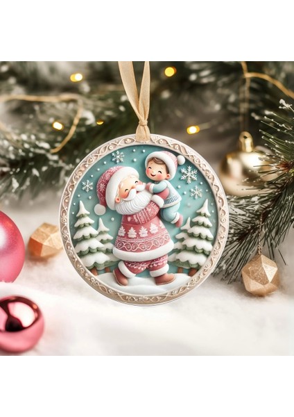 Yılbaşı Çam Ağacı Süsü - 3D Tasarımlı Uv Baskılı - Noel Baba ve Çocuklu