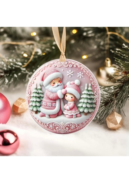 Yılbaşı Çam Ağacı Süsü - 3D Tasarımlı Uv Baskılı - Noel Baba ve Çocuklu