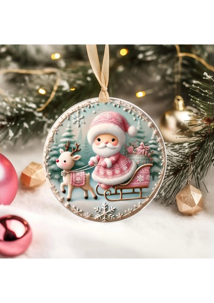 Yılbaşı Çam Ağacı Süsü - 3D Tasarımlı Uv Baskılı - Noel Baba ve Geyik