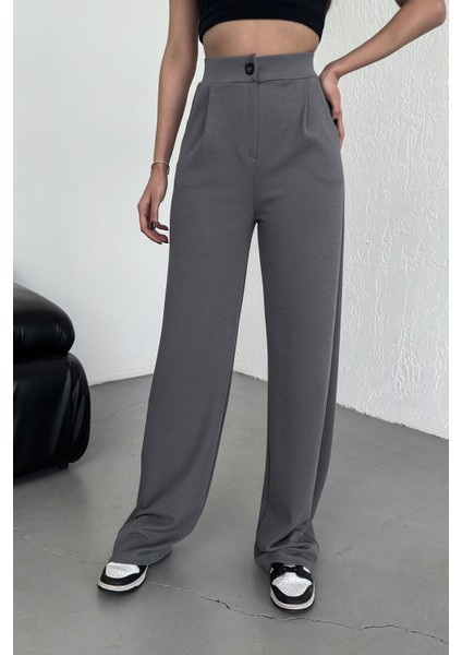Kadın Gri Yüksek Bel Pileli Düğmeli Likralı Esnek Rahat Kalıp Palazzo Pantolon fiyatları