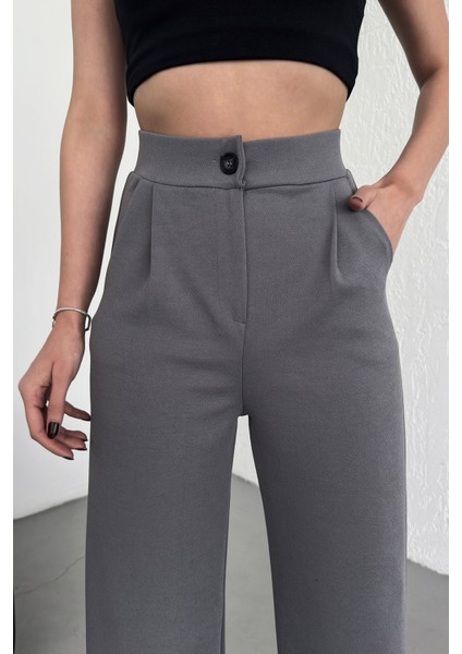 Kadın Gri Yüksek Bel Pileli Düğmeli Likralı Esnek Rahat Kalıp Palazzo Pantolon modelleri