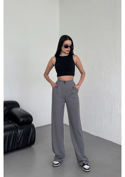 Kadın Gri Yüksek Bel Pileli Düğmeli Likralı Esnek Rahat Kalıp Palazzo Pantolon fırsatları