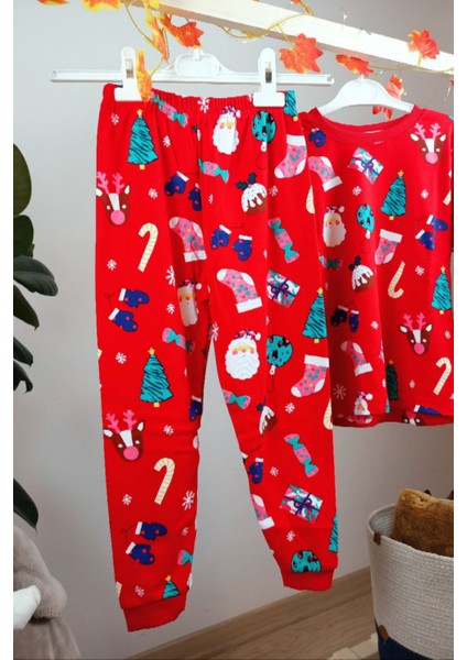 Yılbaşı Temalı Pamuk Unisex Çocuk Bisiklet Yaka Pijama Takımı