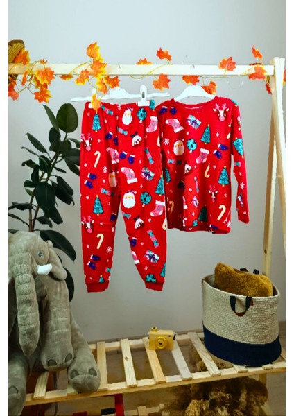 Yılbaşı Temalı Pamuk Unisex Çocuk Bisiklet Yaka Pijama Takımı