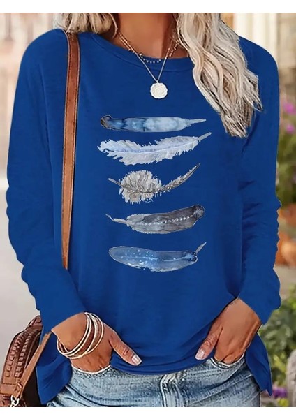 Kadın Uzun Kollu Bisiklet Yaka Kuş Tüyü Desenli Viskon Bluz