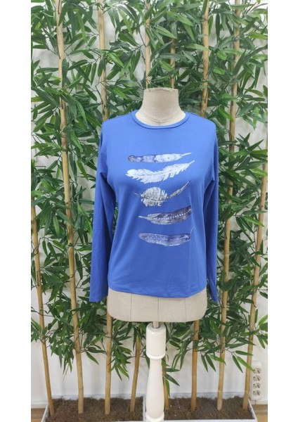 Kadın Uzun Kollu Bisiklet Yaka Kuş Tüyü Desenli Viskon Bluz indirimleri